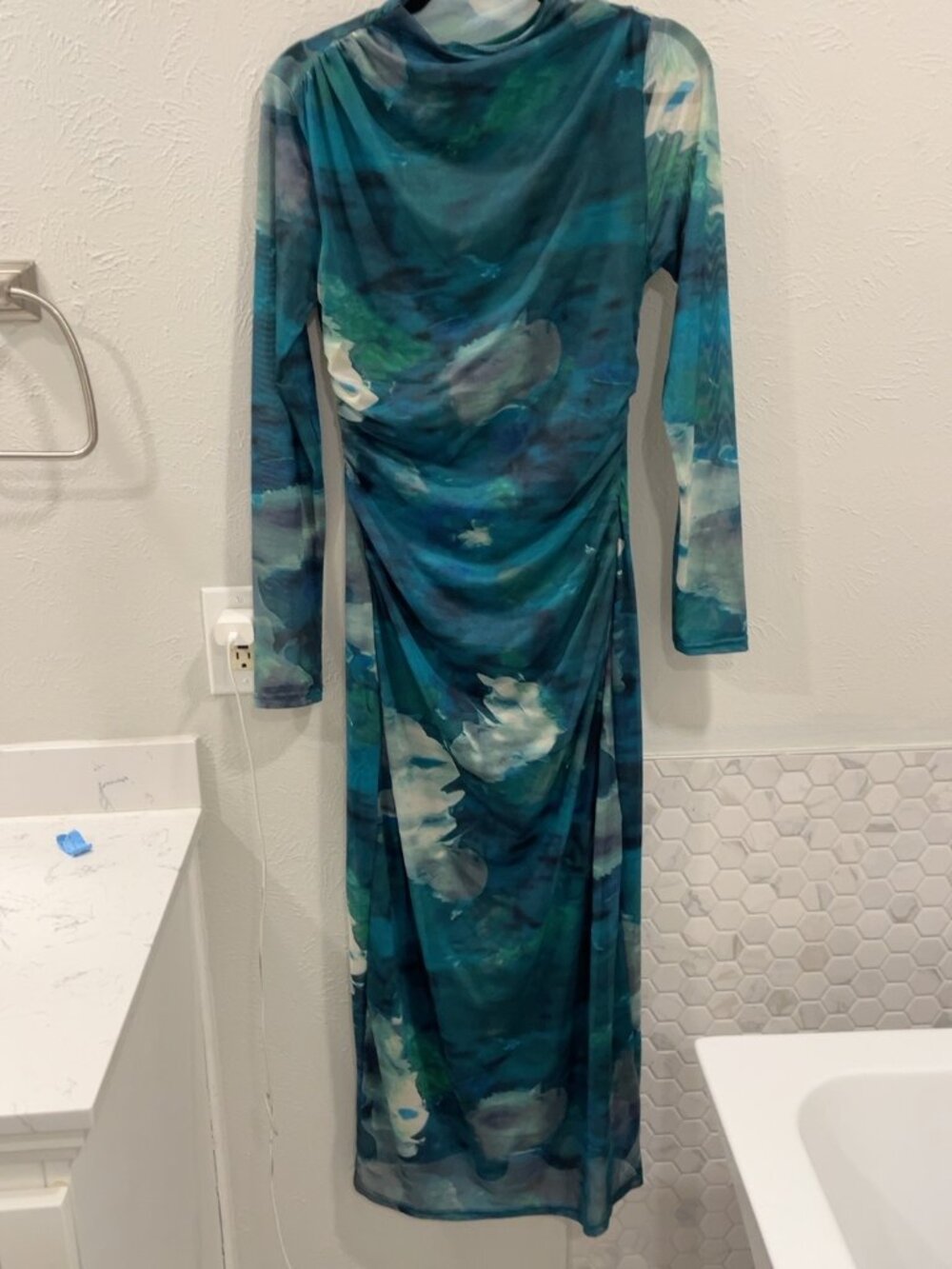 Gorgeous MEROKEETY Blue Green Floral Mesh Ruched Midi Dress - WORN ONCE